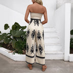Holiday style ethnic print chest wide-leg split jumpsuit for women