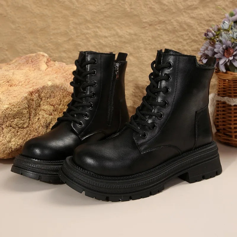 Women's thick -soled boots fashion ladies ankle boots Women's leather round head -lap combat boots black thick solid shoes
