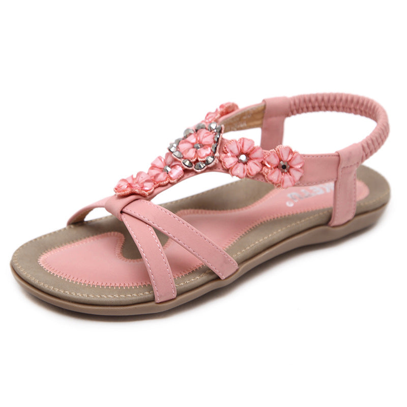 Summer Sweet Sandals Women's Bohemian Flower Rhinestones Large Size Flat Shoes Beach Shoes
