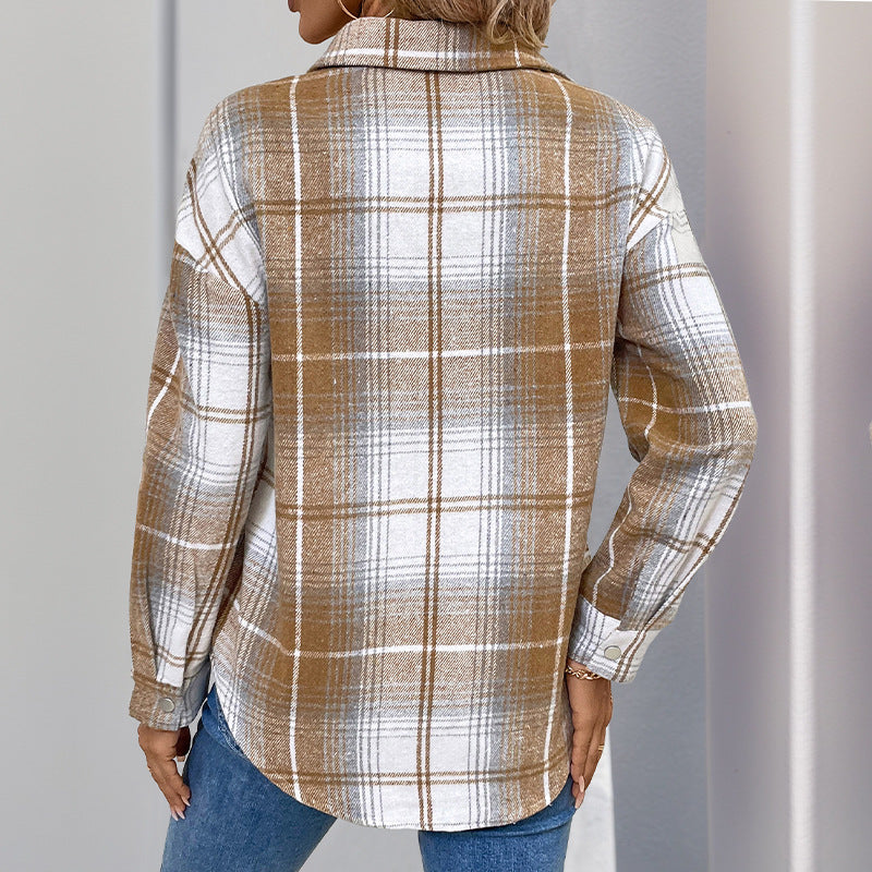 Vintage Casual Plaid Lapel Zipper Cardigan Shirt for Women