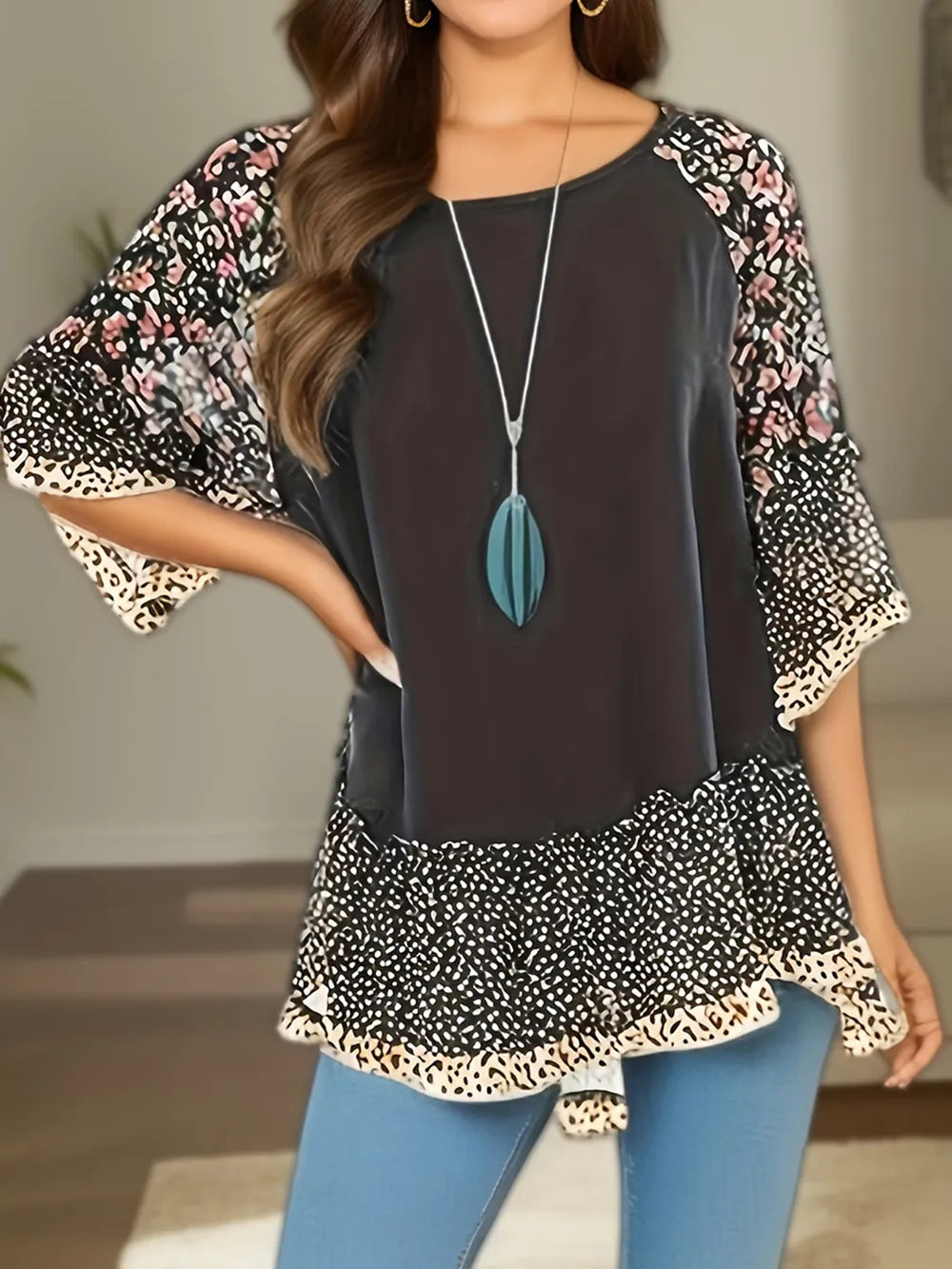 Woman's Blouse Printed Round Neck Half Sleeve Top