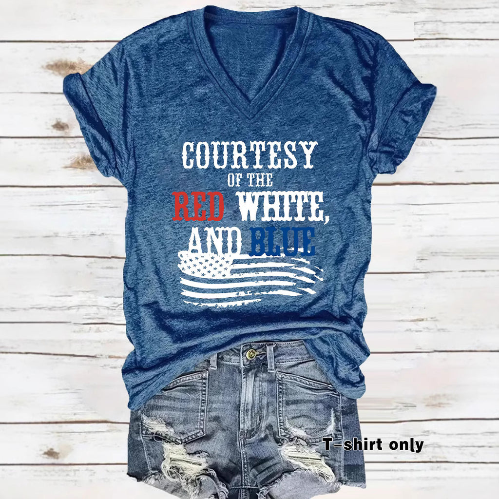 Patriotic Print V-Neck Pullover Short Sleeve