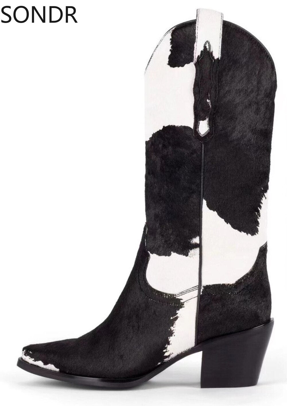 Women's Western Pointed Toe Real Horse Fur Mid Calf Boots Chunky Heel Genuine Leather