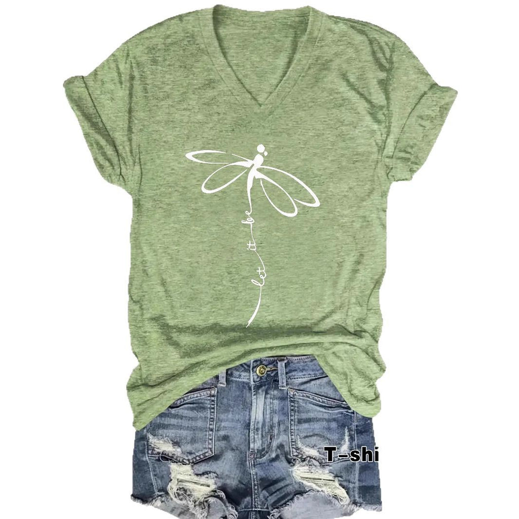 Women's Short sleeved dragonfly print let it be saying