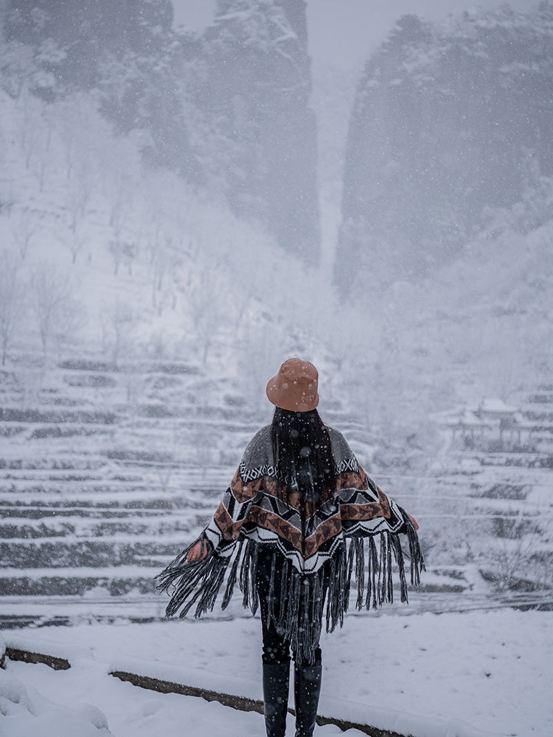 Autumn and Winter Travel Photography Versatile Ethnic Style Knitted Mohair Woolen Tassel Cape Thickened