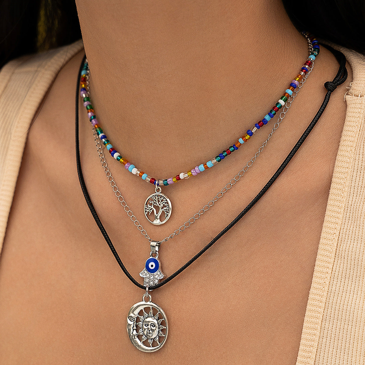 Vintage imitation turquoise collarbone chain niche bead necklace set ethnic style cactus necklace