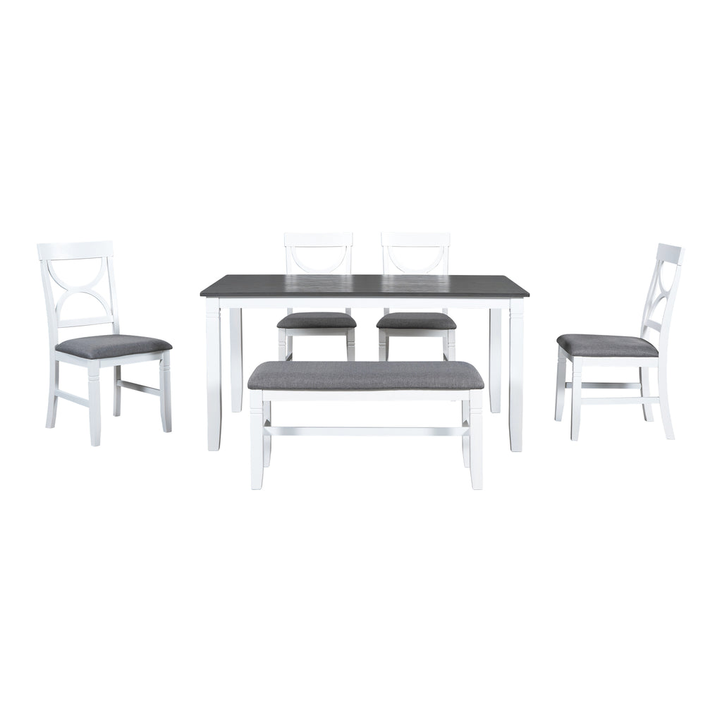 6-Piece Wood Dining Table Set Kitchen Table Set with Upholstered Bench and 4 Dining Chairs, Farmhouse Style Gray+White