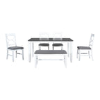 6-Piece Wood Dining Table Set Kitchen Table Set with Upholstered Bench and 4 Dining Chairs, Farmhouse Style Gray+White