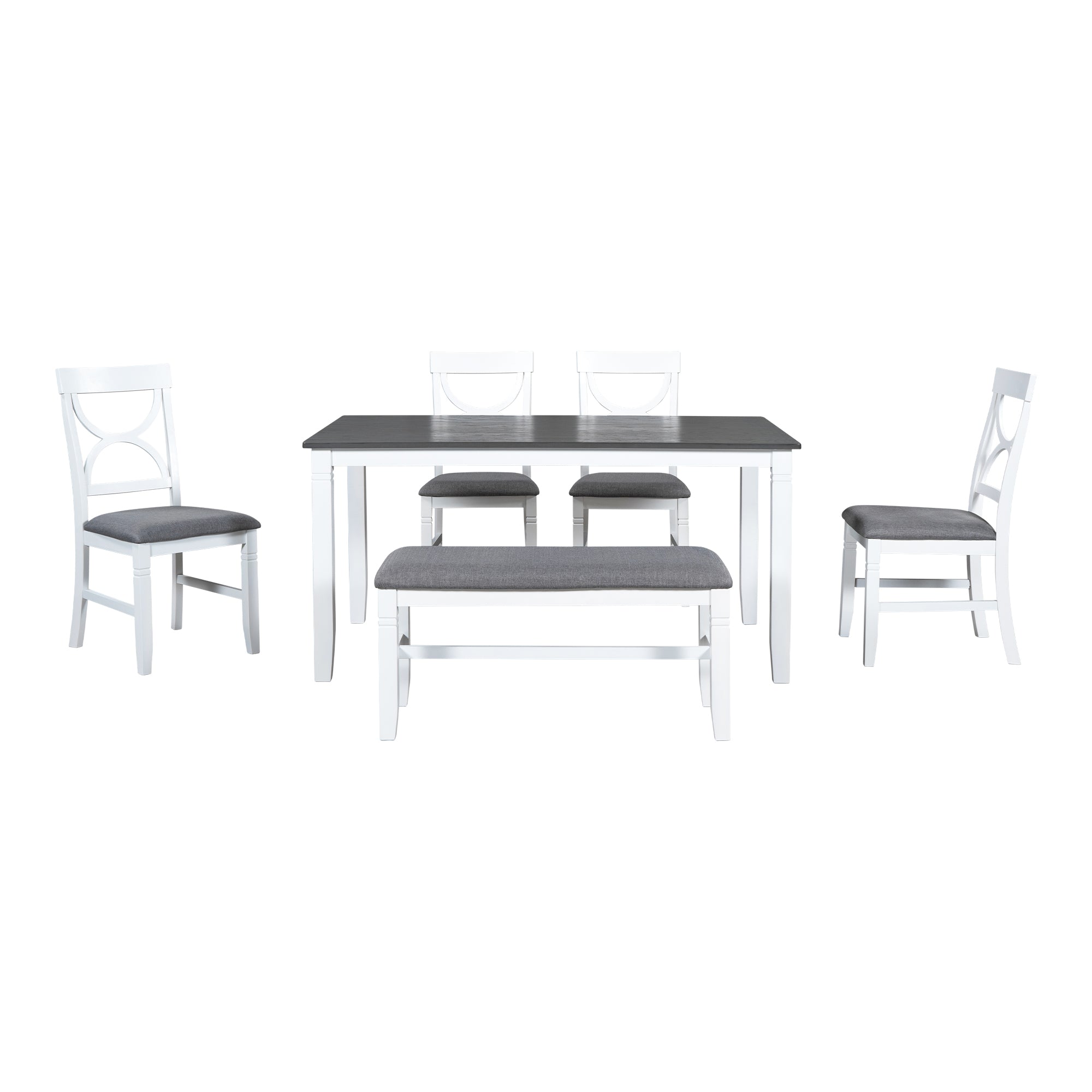 6-Piece Wood Dining Table Set Kitchen Table Set with Upholstered Bench and 4 Dining Chairs, Farmhouse Style Gray+White