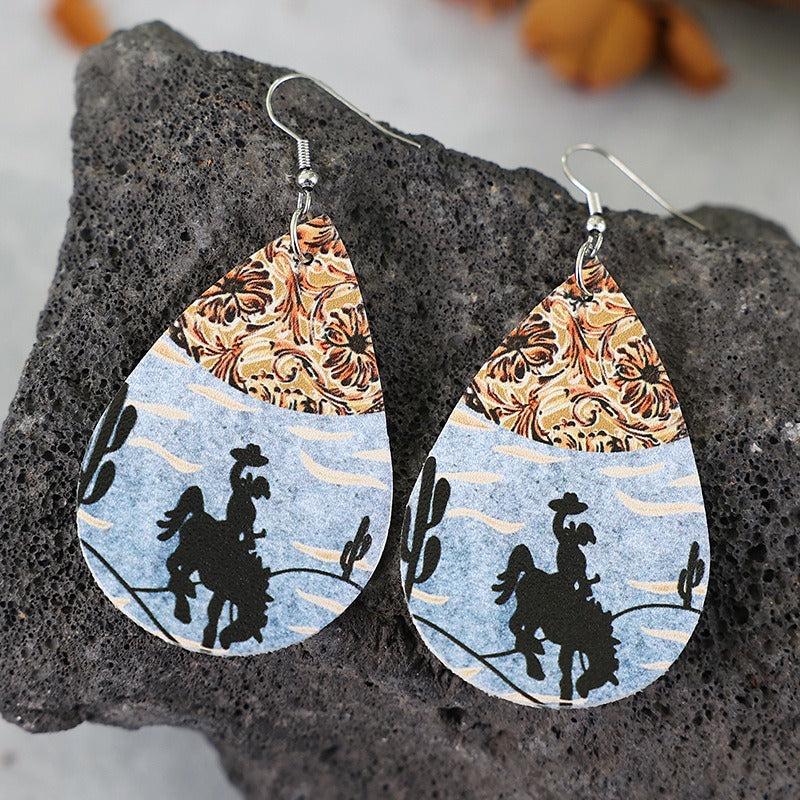 Western Style Horse Riding Denim Color Matching Double Sided Leather Earrings