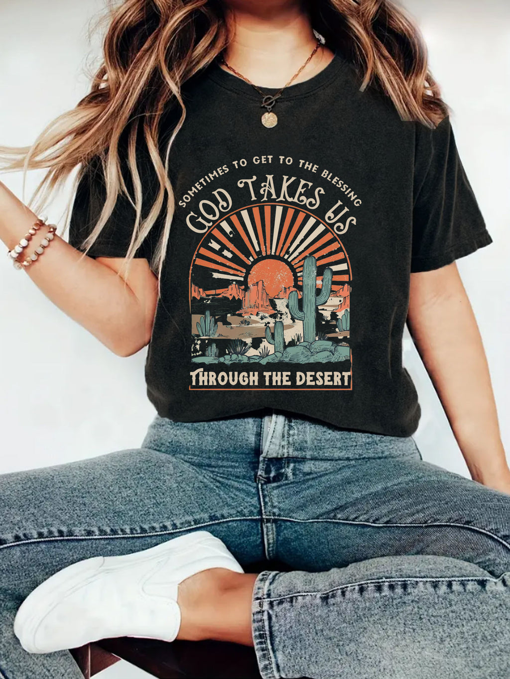 Western Jesus pattern printed round neck short sleeved T-shirt