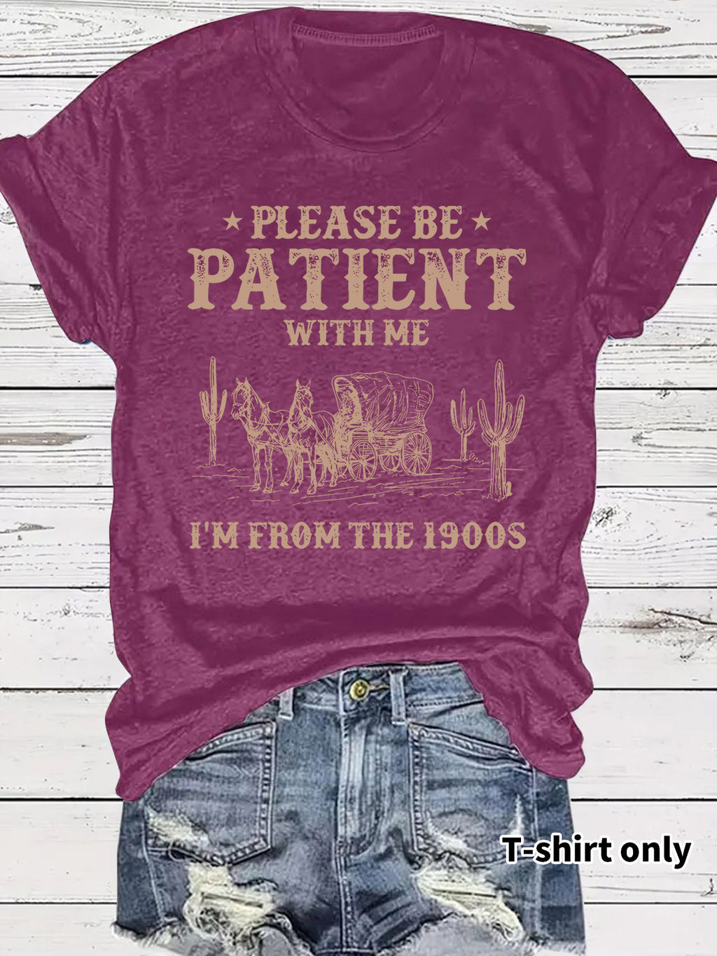 Western denim pattern round neck short sleeved T-shirt
