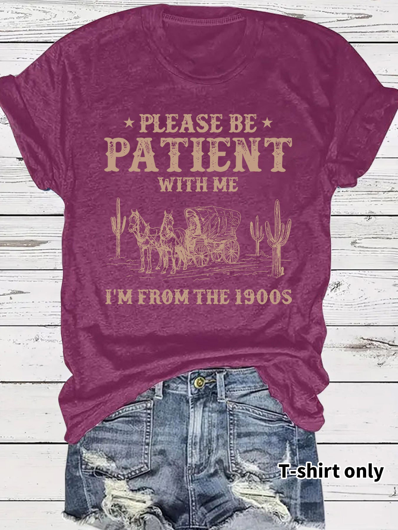 Western denim pattern round neck short sleeved T-shirt