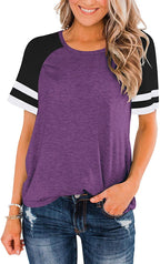T-Shirt Summer Round Neck Short Sleeve Striped Contrast Color Loose Plus Size