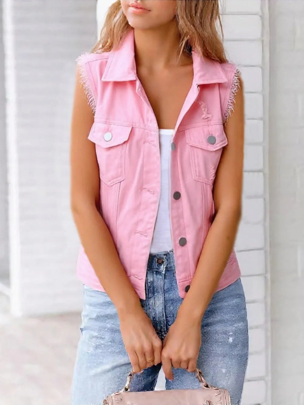 Women's Button Down Raw Hem Sleeveless Denim Jacket Vest