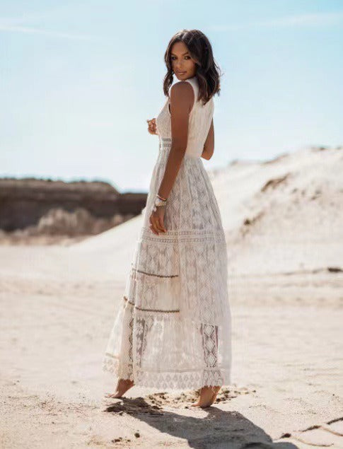 Temperament Bohemian Long Women's Dress Lace Splicing Big Swing