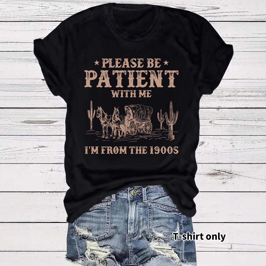 Western denim pattern round neck short sleeved T-shirt