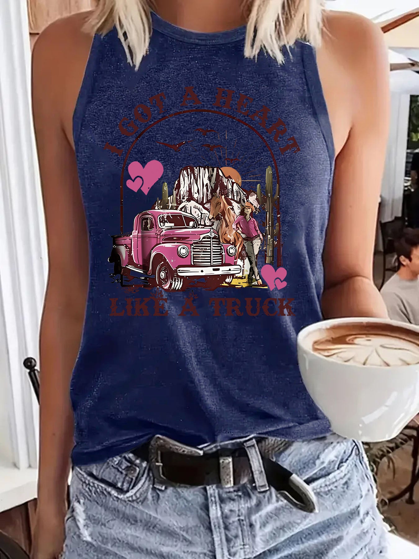 Sleeveless women's western denim style printed tank top