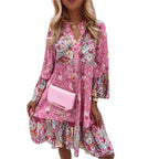 Nature-inspired Women's Plus Size, V-Neck Printed Flared Sleeve Dress