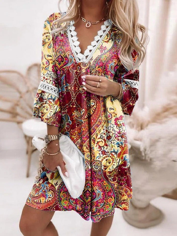 V-Neck Printed Lace Stitched Bohemian Dress