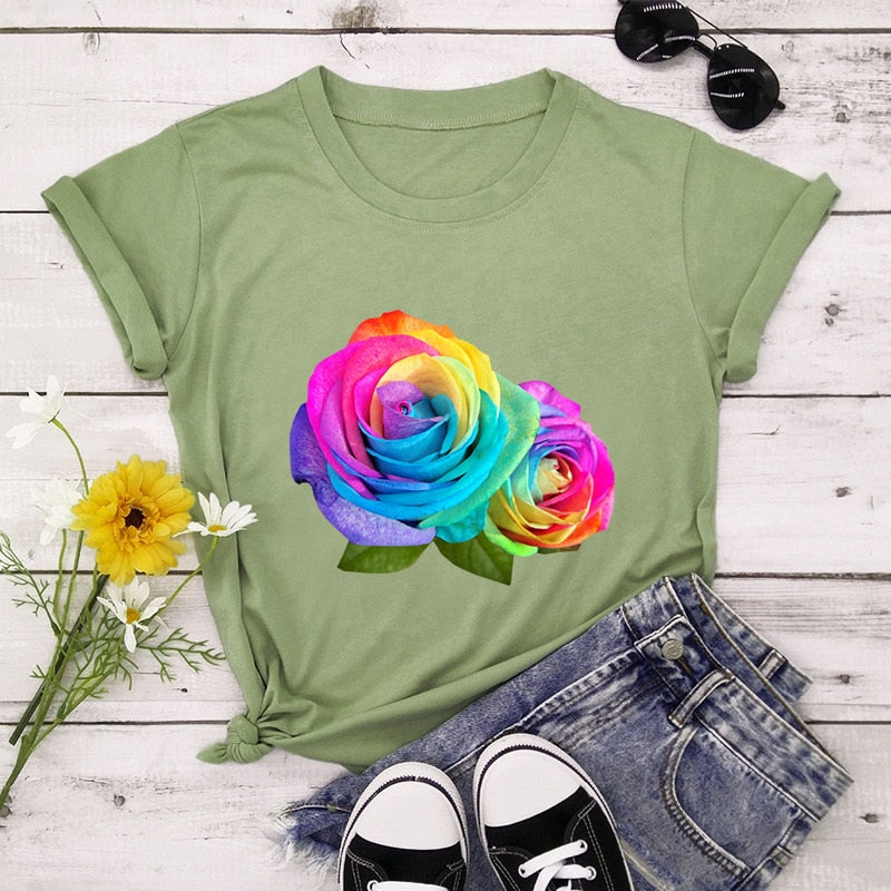 Summer Cotton Women T Shirt Plus Size Colorful Flower