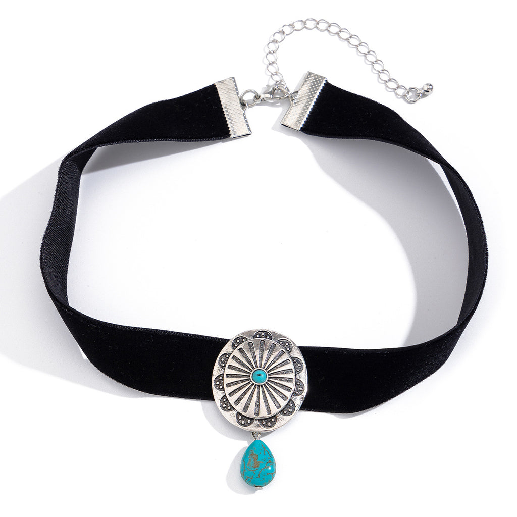 Fashion oval plush fabric patterned collar with water droplet shaped alloy turquoise necklace