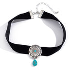Fashion oval plush fabric patterned collar with water droplet shaped alloy turquoise necklace