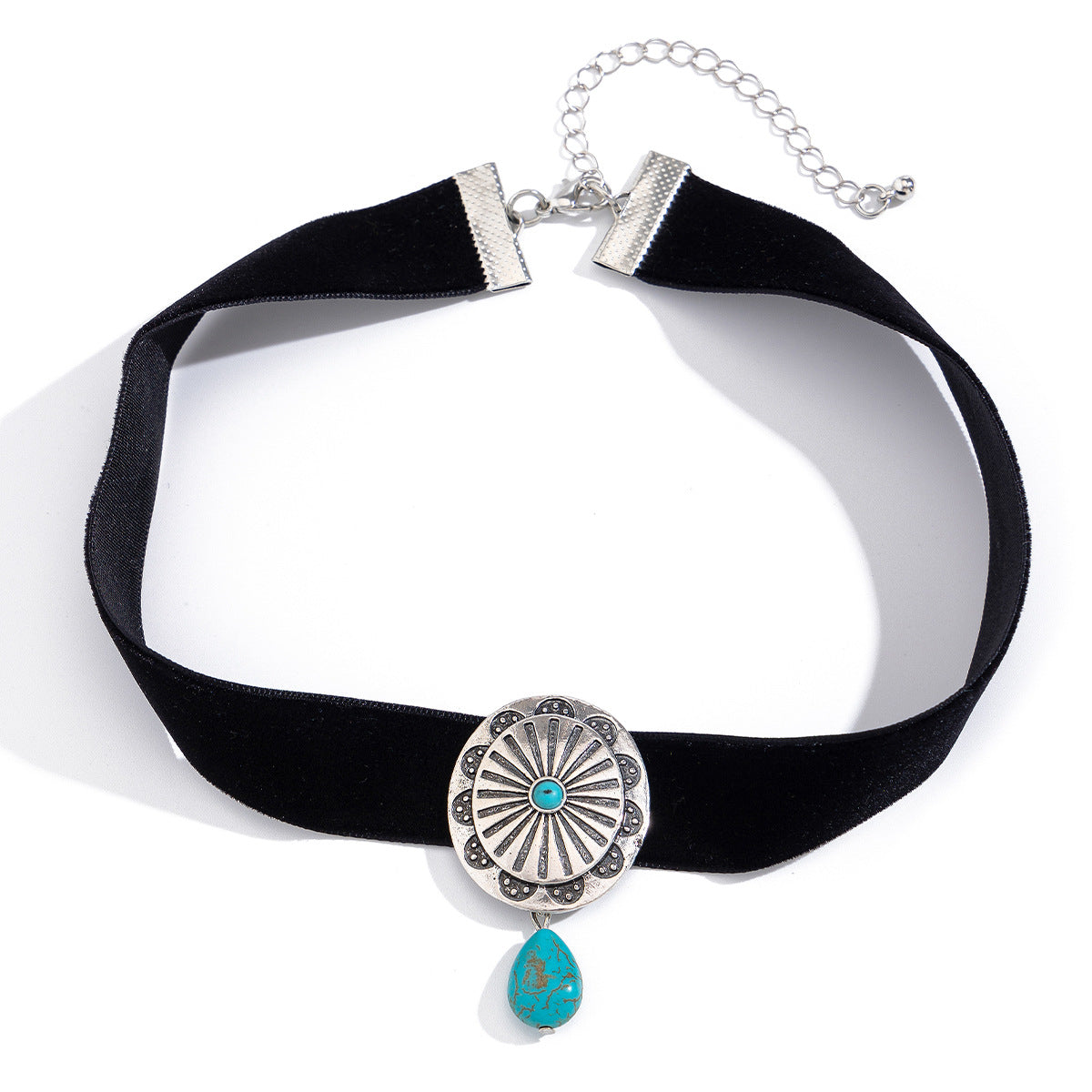 Fashion oval plush fabric patterned collar with water droplet shaped alloy turquoise necklace