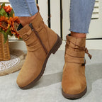 Women Belt Buckle Ankle Boots Chunky Chelsea Boots Mid Heel