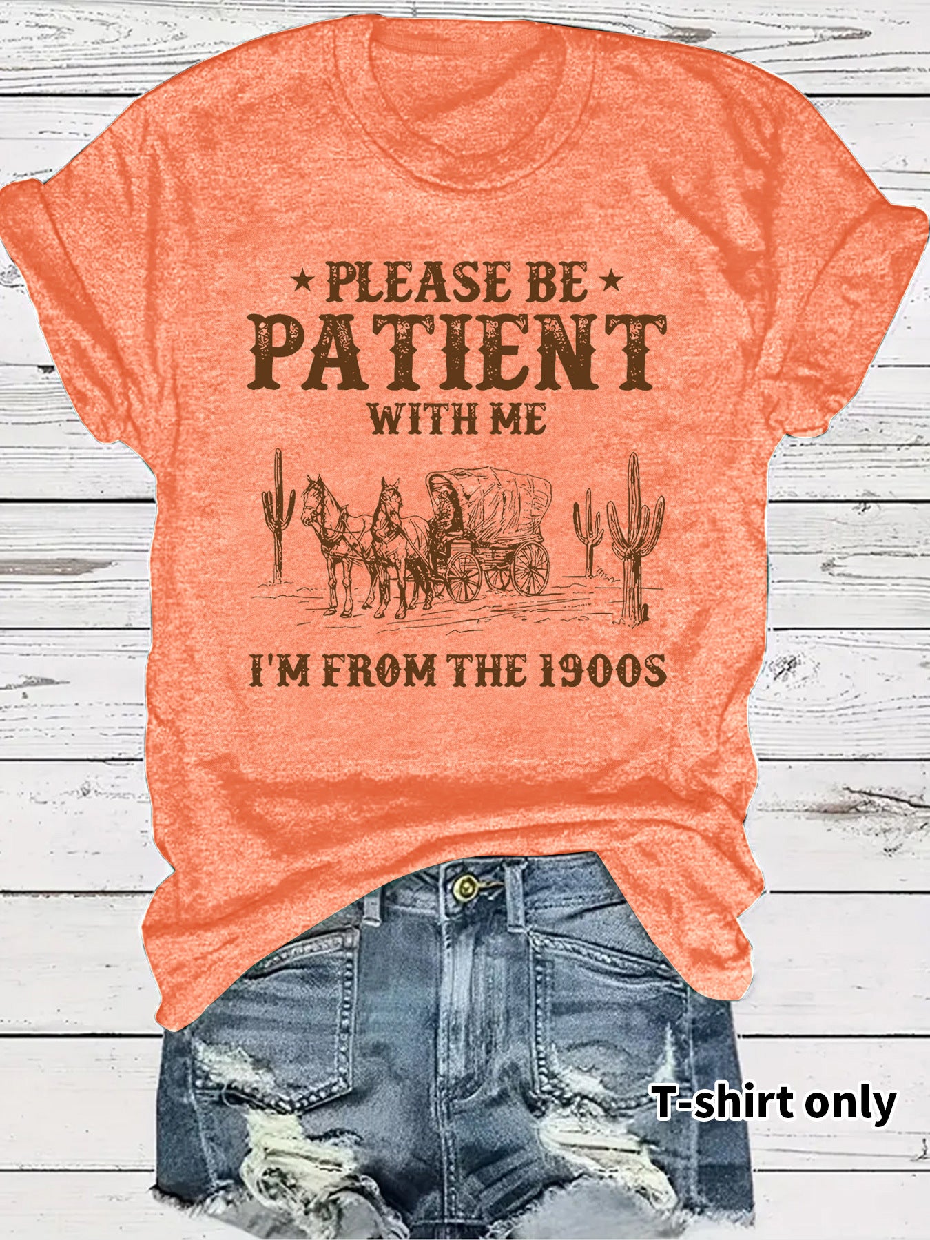 Western denim pattern round neck short sleeved T-shirt