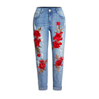 Women's Elastic Loose Jeans Women's Trousers Colorful Flowers 3D Three-Dimensional Embroidery Ripped Jeans