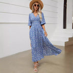 V-neck lantern sleeve waist cinched dress for beach vacation, Bohemian style beach dress