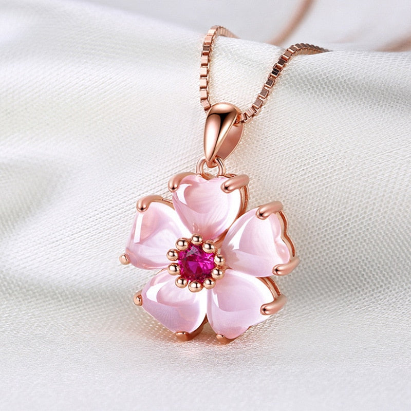 Moonstone Crystal Pink Flower Pendant Necklace Rose Gold