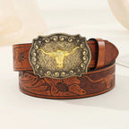 Western Cowboy Belt Versatile Bull Head Big Board Buckle Cowboy Carving Ethnic Style Punk PU Leather Belt