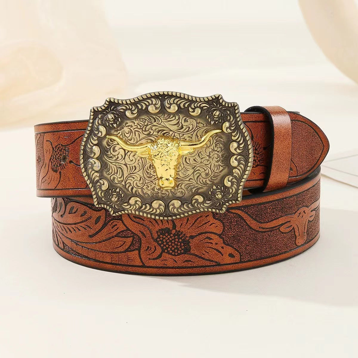 Western Cowboy Belt Versatile Bull Head Big Board Buckle Cowboy Carving Ethnic Style Punk PU Leather Belt
