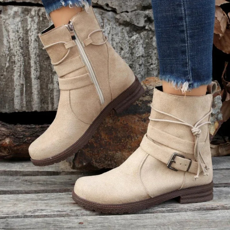 Women Belt Buckle Ankle Boots Chunky Chelsea Boots Mid Heel