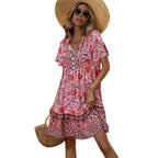 European and American women's floral V-neck loose casual bohemian style dress