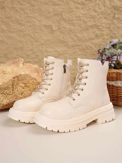 Women's thick -soled boots fashion ladies ankle boots Women's leather round head -lap combat boots black thick solid shoes