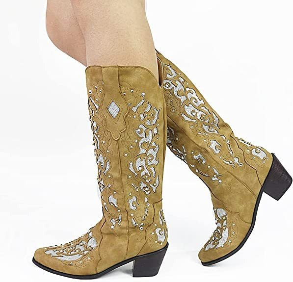 Women's Shoes Embroidered High Sleeve Solid Thick Heel Boots