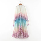 Women's Fashion Deep V Neck Long Sleeve Gradient Print Dress Long Dress