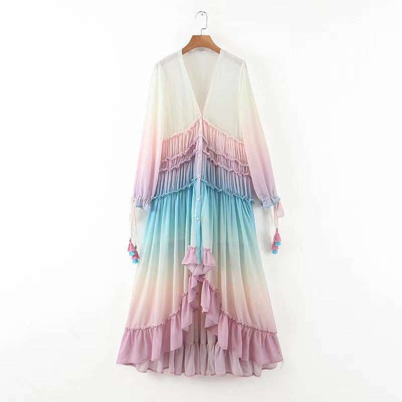 Women's Fashion Deep V Neck Long Sleeve Gradient Print Dress Long Dress