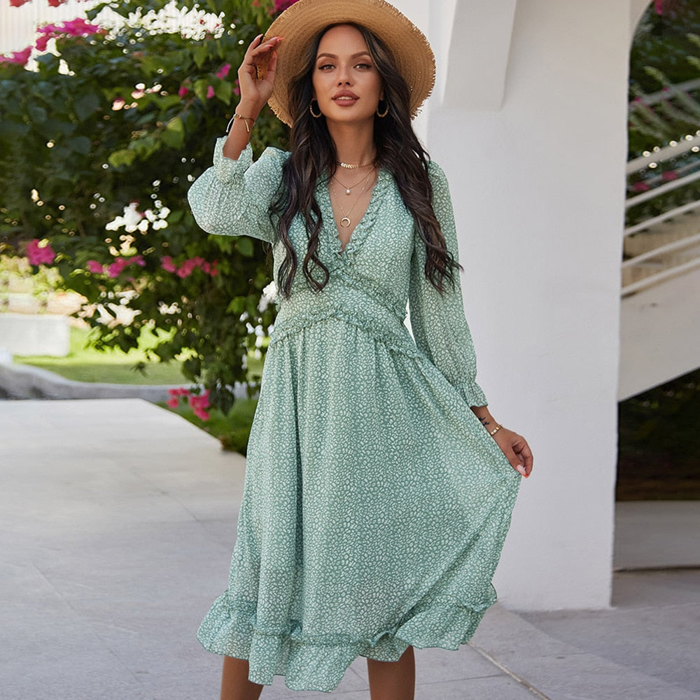 Ladies Vintage Sexy Print Chiffon Dress Women Casual Ruffles High Waist Bohemian Beach Spring Summer Women Dress