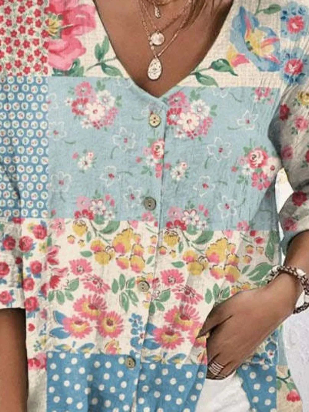 Women's Full Size Printed V-Neck Blouse
