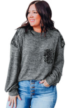 Gray Sequin Patchwork Long Sleeve Plus Size Top