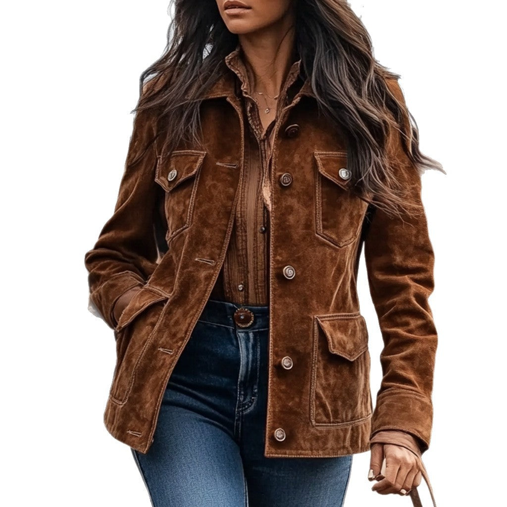 Vintage Suede Multi-Pocket Notch Lapel Jacket for Women