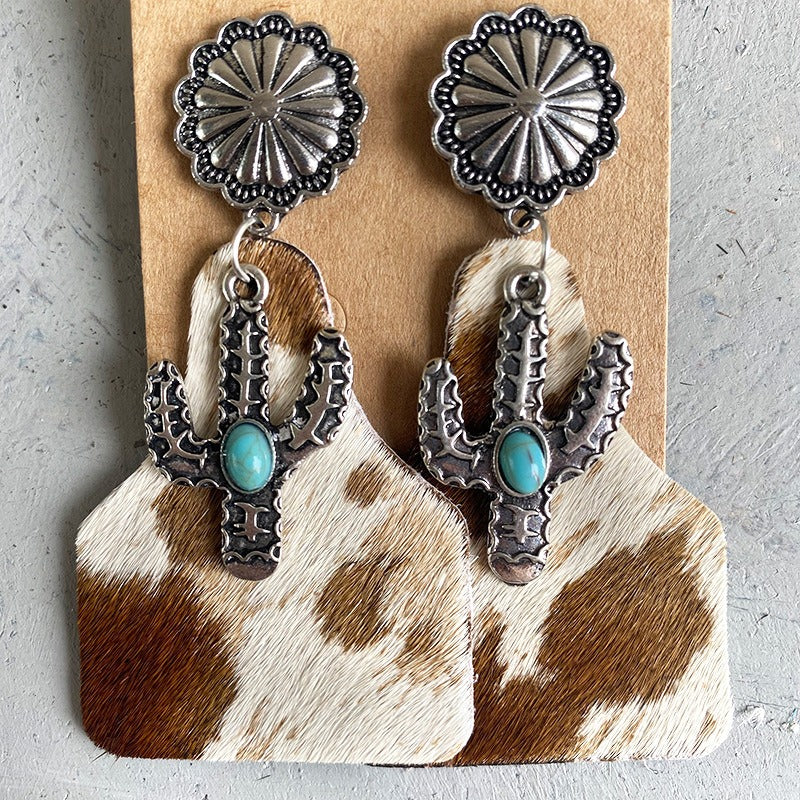 Animal Grain Leather Jewelry Bohemian Horse Hair Pumpkin Flowers Cactus Turquoise Fashion Earrings