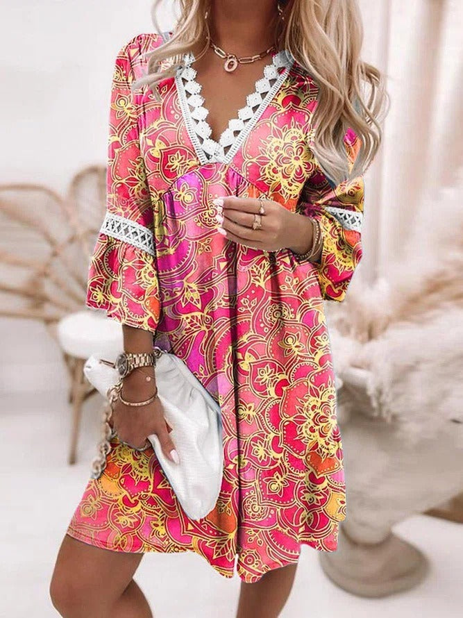 V-Neck Printed Lace Stitched Bohemian Dress