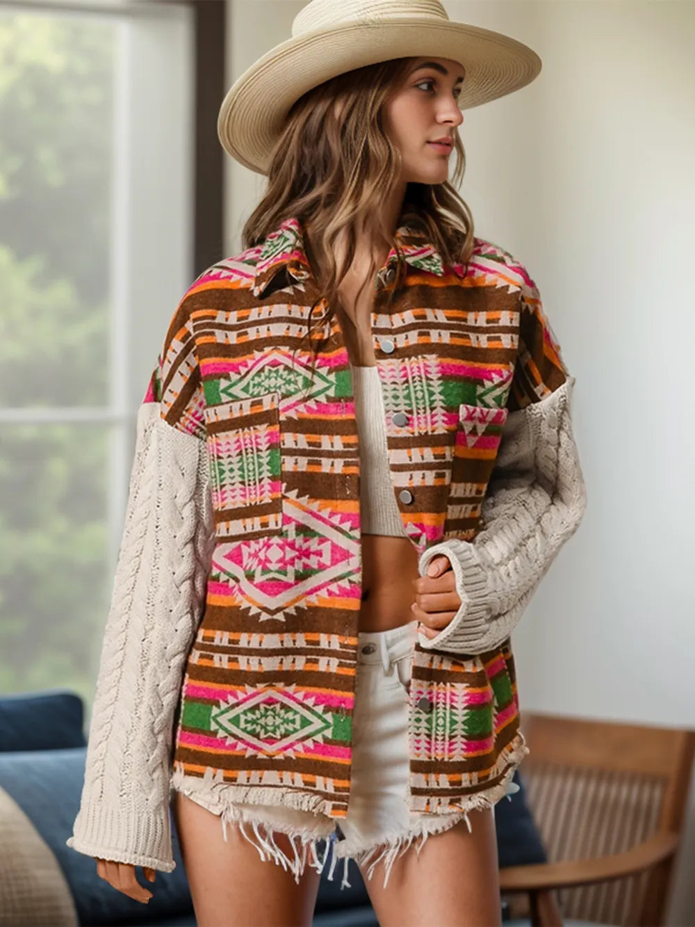 Knitted sleeve patchwork woolen jacket ethnic style loose jacket