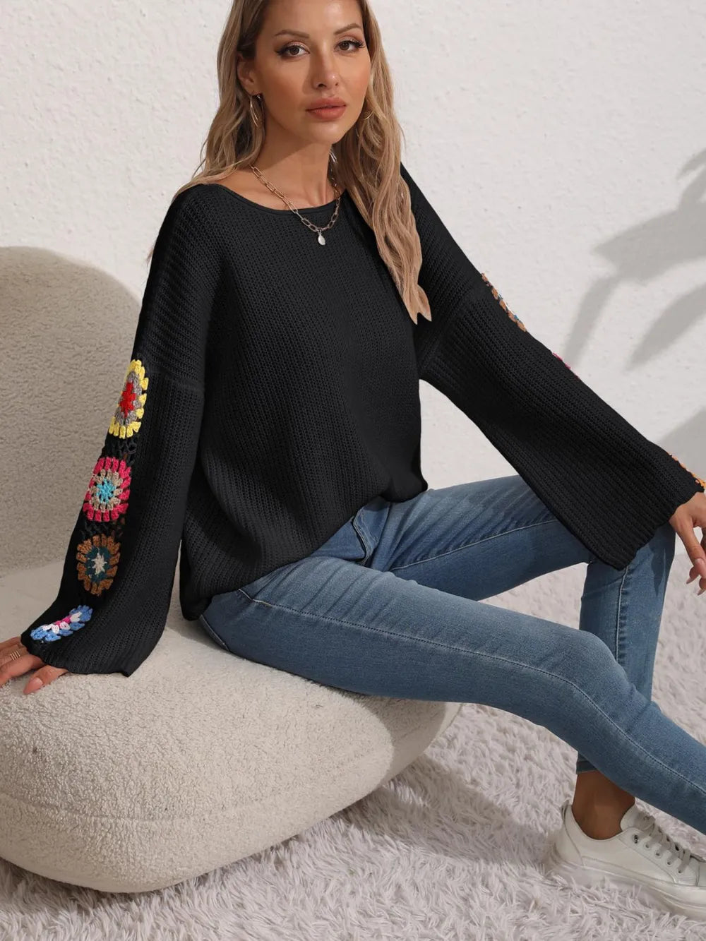 Autumn and winter women's one neck off shoulder loose top randomly mixed color crochet sweater