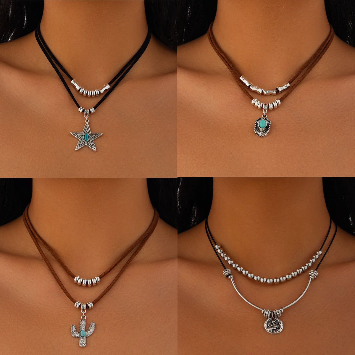 Turquoise Necklace Set Cactus, Star, Cowboy hat, pearl,  Alloy Pendant Neck Chain Collar